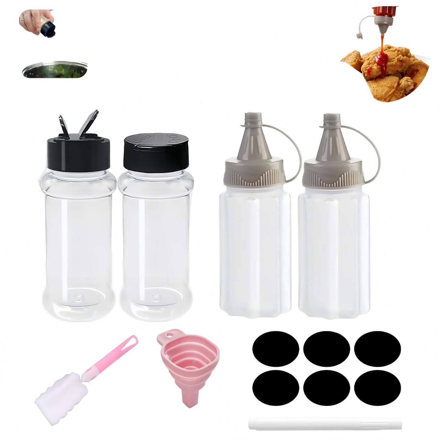 Portable Seasoning Bottle Set, Mini Plastic Spice Jar And Mini Plastic Jam Squeeze Bottle Set Suitable For Outdoor Barbecue, Camping, Kitchen Filling With Salt, Pepper, Jam And Various Seasonings