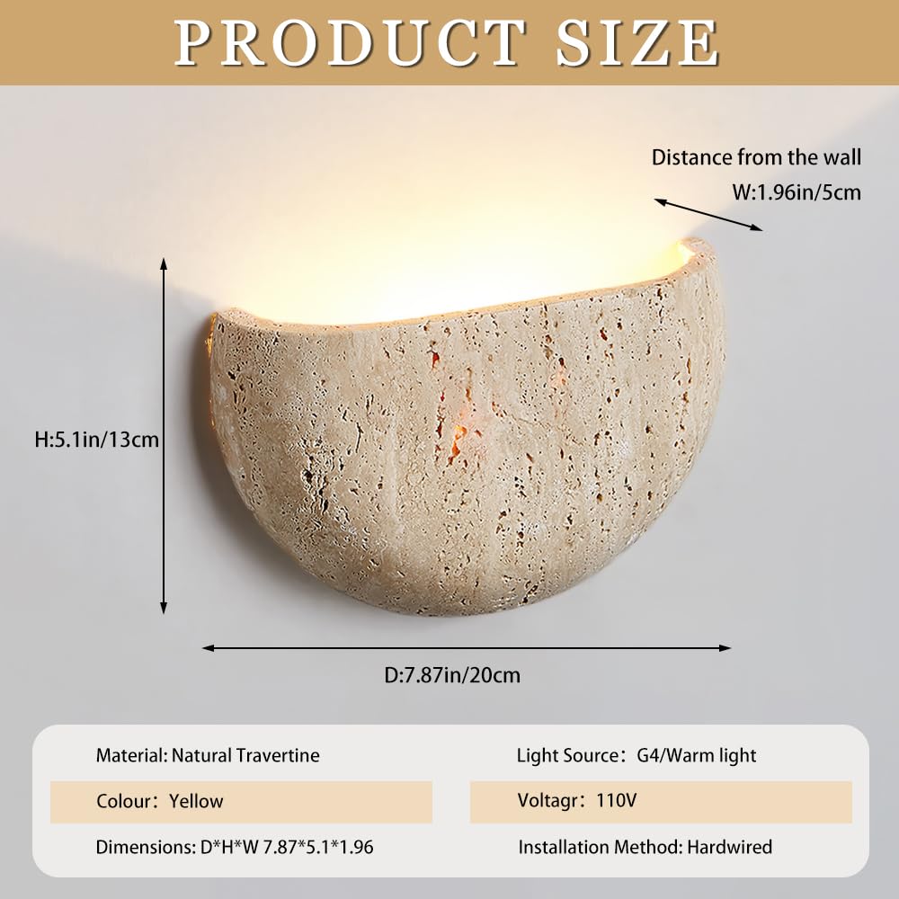 WOSBO Yellow Travertine Wall Sconce, 7.87" Wabi Sabi Light Fixture with Half Moon Natural Stone Lampshade Japanese Style Marble Wall Sconce Perfect for Kitchen Island Bedroom Living Room Farmhouse