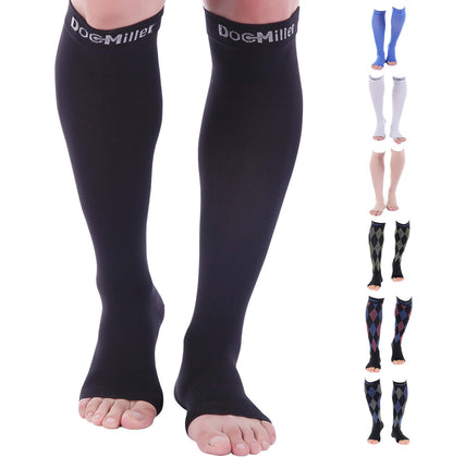 Doc Miller Open Toe Compression Socks for Men & Women, 30-40 mmHg Knee High Support, Toeless Design for Daily Leg Comfort, Breathable Nylon Spandex, 1 Pair