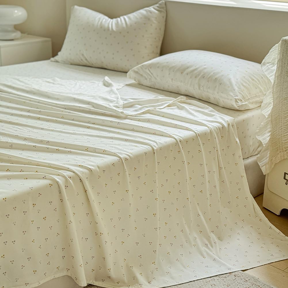 JaTaCa Colorful Cherry Full Sheet Set, Cooling Boho 100% Viscose Derived from Bamboo Sheets, Silky Bedding for Hot Sleepers, 4-Piece Full Flower Print Bedding Set with Deep Pocket up to 16"