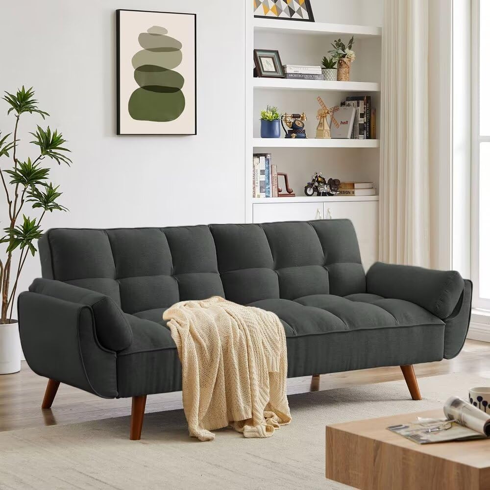 Trygoal Convertible Futon Sofa Bed, Modern Futon Couch with 2 Pillows, Small Futons Couch with Adjustable Armrest & Backrest, Loveseat Sofa Bed for Living Room, Bedroom, Beige