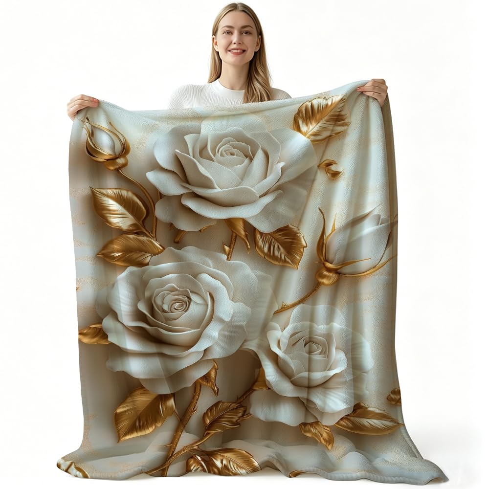 HUNXIAOJ Flower Print Blanket White and Gold Throw Blanket White Floral Print Flower Bedding Warm Soft Flannel for Adults Bed Sofa Couch (49in x 59in)