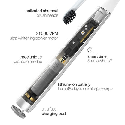 AquaSonic Pulse – Ultra Whitening Electric Toothbrush w Activated Charcoal Whitening Bristles – Sonic Rechargeable toothbrush – 3 Modes & Smart Timers – Lasts 45 days – Home & Travel Toothbrush