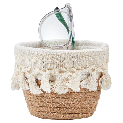 MAYJOYDIY Khaki Tassel Cotton Rope Woven Basket Round Boho Baskets with Cotton Rope Tassel 4.7×4.7×4.1inch Small Cleaning Cloth Eye Glass Storage Organizer for Bedroom Nursery Livingroom Entryway