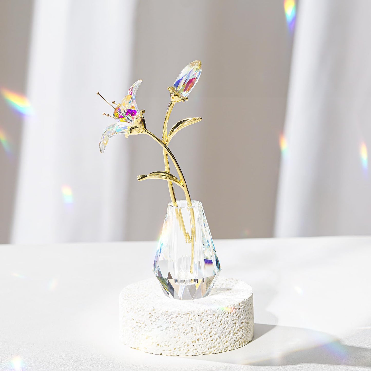 RONG KRISTO Crystal Lily Figurine, Glass Flowers with Stem,Flower Collectible Gifts for Woman, Wedding Party Decor(Transparent)