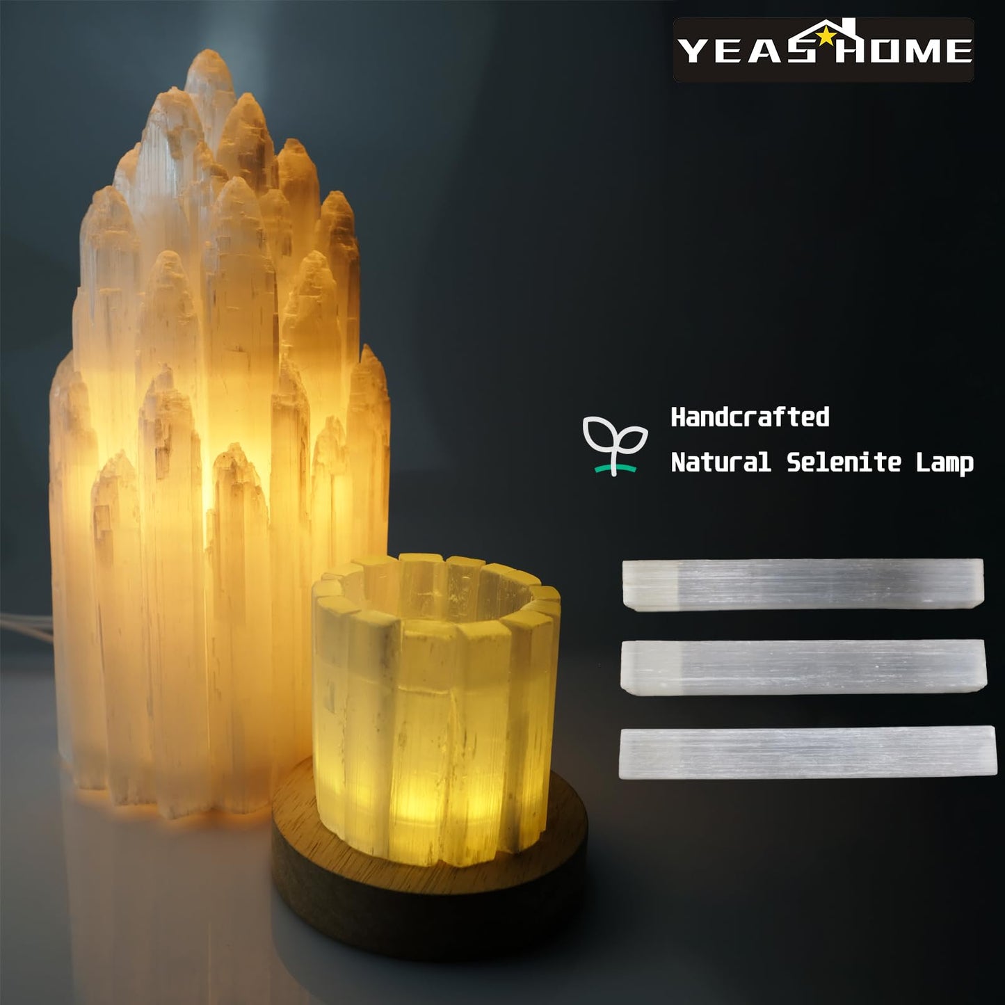 Handcrafted Selenite Lamp Carved Tower, White