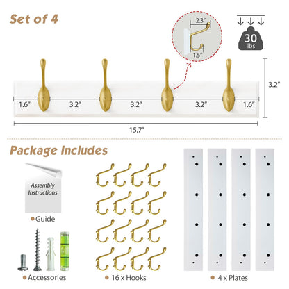 Forbena Gold Coat Rack Wall Mount, Decorative Coat Hooks for Wall, Heavy Duty Coat Hanger Key Holder for Hanging Hats, Coats, Purses, Bags Bathroom, Teen Grils Room (White and Gold, 4 x 4 Hook)