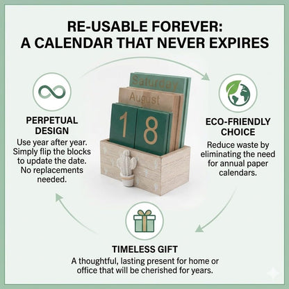 ZENSEWEN Cactus Wooden Perpetual Calendar for Desk Decor - Aesthetic Boho Office Accessories & Wood Block Daily Calendar - Reusable Classroom Decor & Unique Plant Lover Gift for Teachers, Students & Coworkers