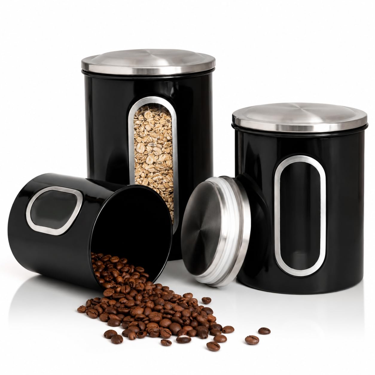 Moss & Stone 3-Piece Black Canisters Sets For The Kitchen, Airtight Canister Set With See Through Window, Storage Jars for Coffee Container, Tea Organizer & Sugar Canister, Black Kitchen Canisters