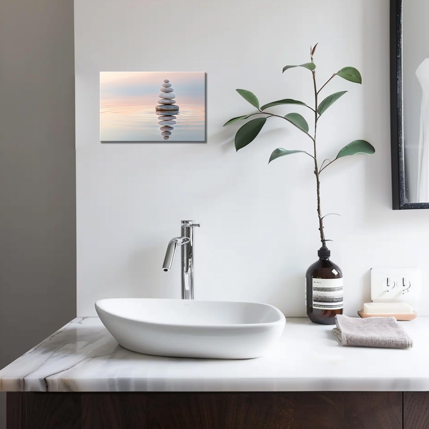 Zen Stone Canvas Wall Art Stones in Water Print Pictures Bathroom Wall Art Decor Framed Tranquil Nature-Inspired Relaxing Artwork for Yoga Meditation Spa Room Decor
