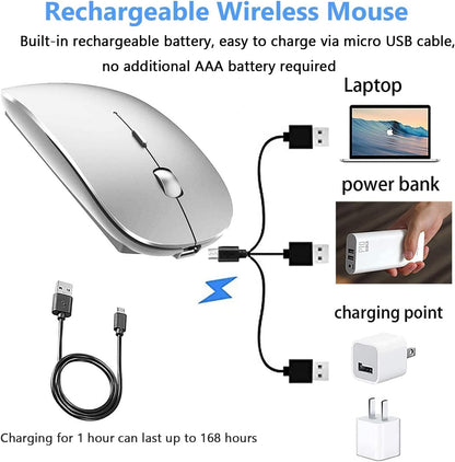 Wireless Bluetooth Mouse for MacBook Pro/Air/Mac/iPad/Laptop/Desktop/Mac/PC/Computer/Phone-Portable Slim Silent Office Mice with USB-C Adapter 2.4 GHz USB Mice (WhiteSilver)