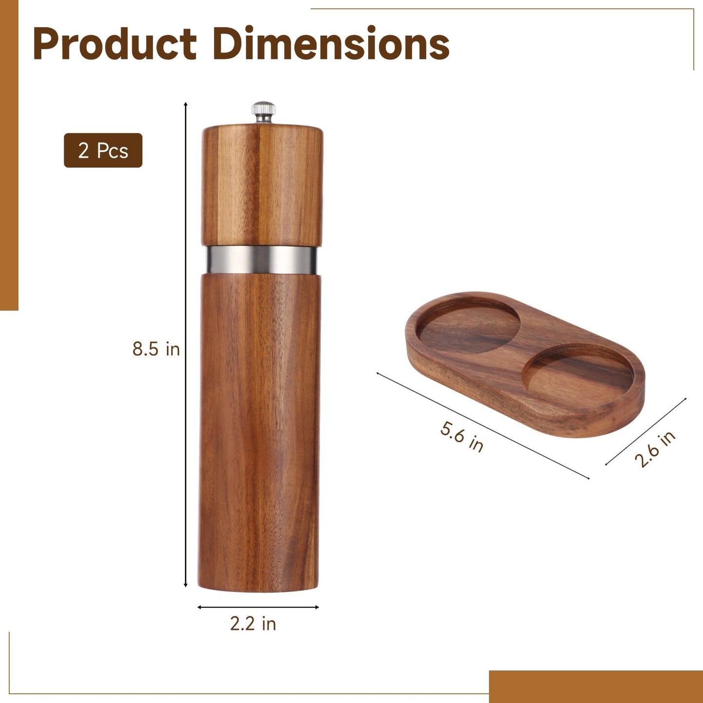 2 Pcs Wooden Salt and Pepper Grinder Set, Wood Pepper Shakers, Wooden Base, Refillable Sea Salt Grinder, 8.5 x 2.2 in