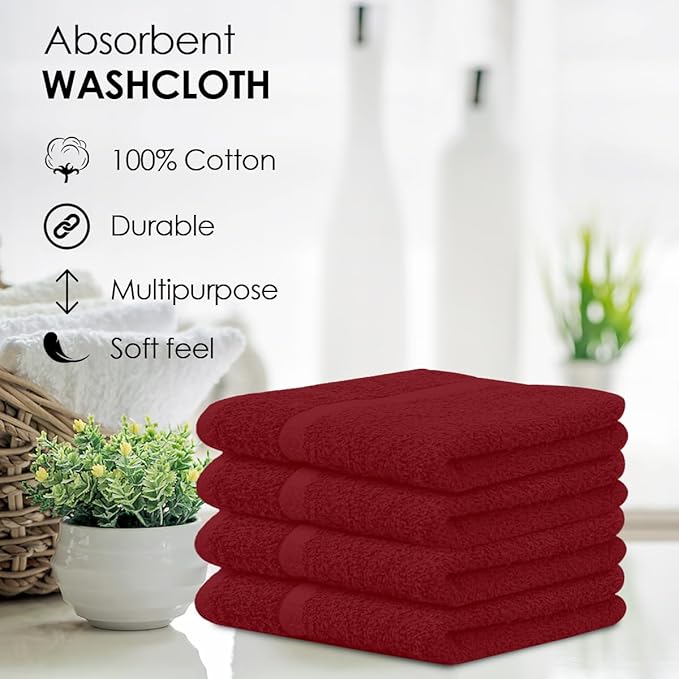 Avalon Towels Cotton Washcloths 24-Pack – 12 x 12 Inch Red Super Soft &