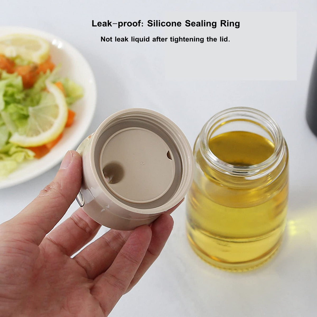 TIAN CHEN Soy Sauce Dispenser Set, Auto Flip Cap Vinegar Bottles, 3 in 1 Leakproof Glass Cooking Oil Container with Base Small(8.5OZ, Apricot)
