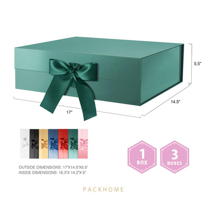 PACKHOME 17x14.5x5.5 Inches, 3 Extra Large Gift Boxes with Lids, Magnetic Closure Boxes with Ribbon for Clothes and Large Gifts (Glossy Green)