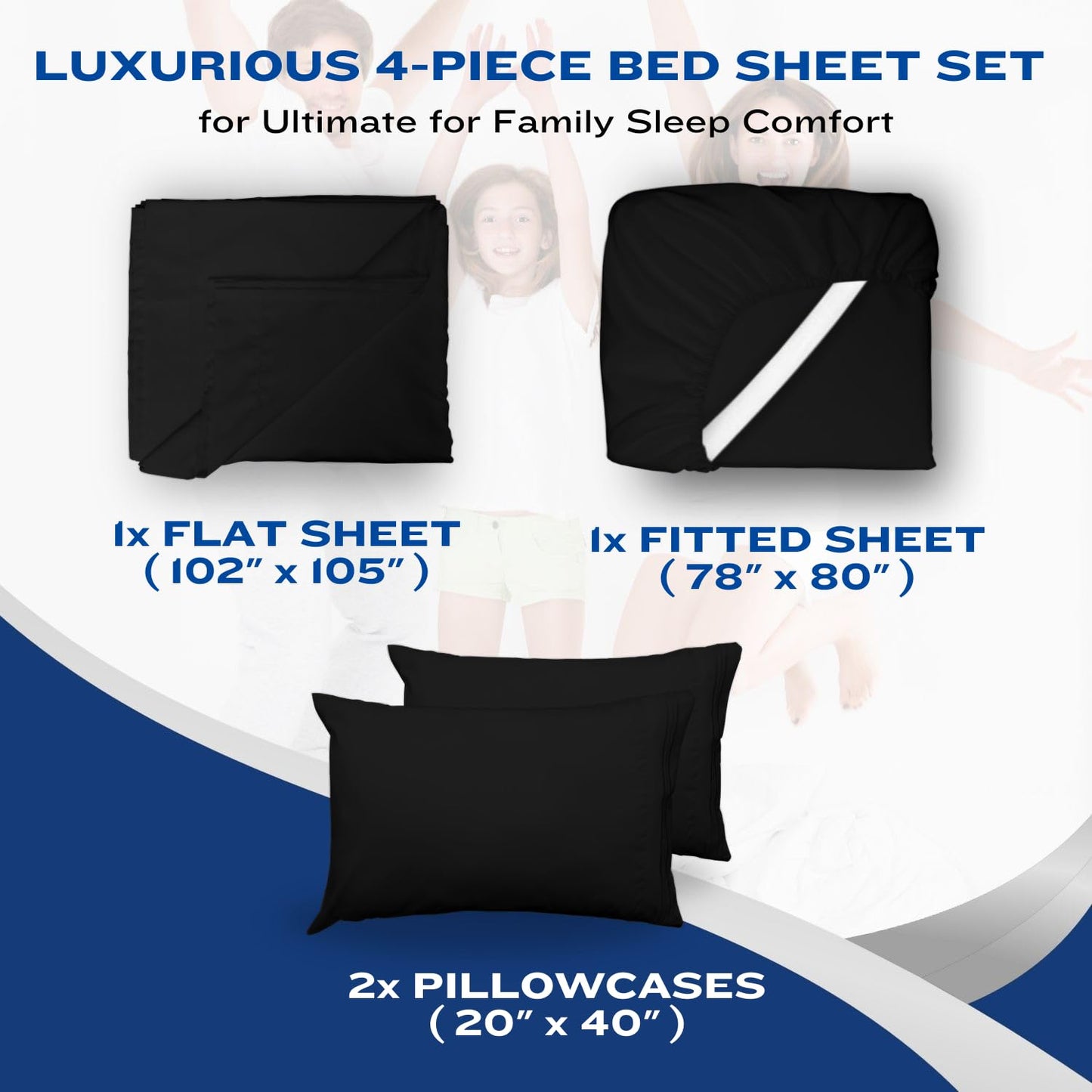 DREAMCARE King Size Sheets Set - 4 pcs Breathable Cooling Sheets - up to 15" Deep Pocket King Sheet Set with Side Pockets - Extra Soft 100% Brushed Hypoallergenic Hotel Luxury Bedding Black