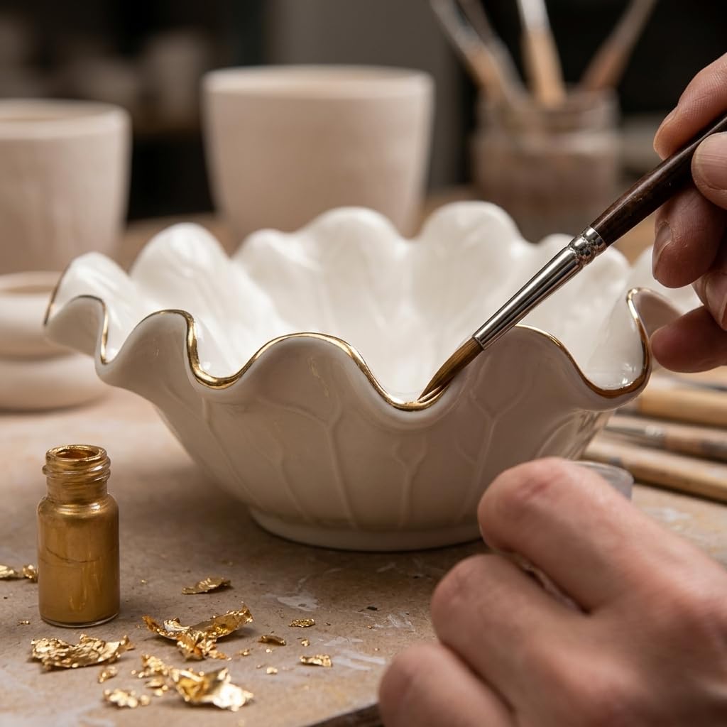 ALIWINER 8 Inch Small Lotus Ceramic Decorative Bowl, about15 oz Capacity, Modern Ruffle Lotus Leaf with Gold TrimDesign,Decorative Centerpiece for Entryway Tables, Coffee Tables,Kitchen Counters