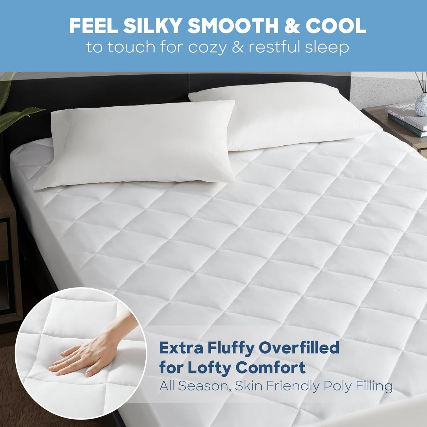 Sharper Image Twin Mattress Pad, Overfilled, Jersey Knit Ultra-Soft & Cooling Touch Mattress Pad for Bed, Cozy T-Shirt Handfeel Mattress Topper Fitted Pocket Fits Up to 18", Twin, White