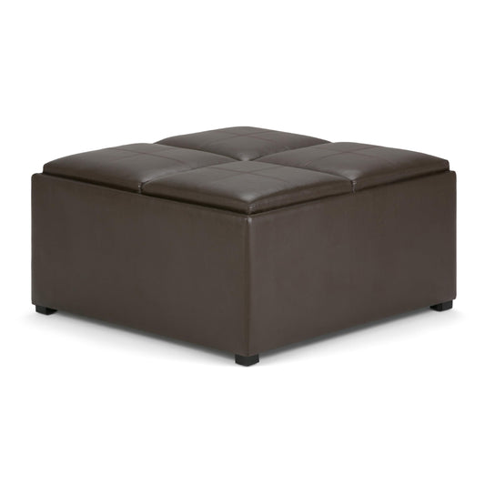 SIMPLIHOME Avalon 35 inch Wide Contemporary Square Coffee Table Storage Ottoman in Chocolate Brown Vegan Faux Leather, Assembled, For the Living Room and Bedroom
