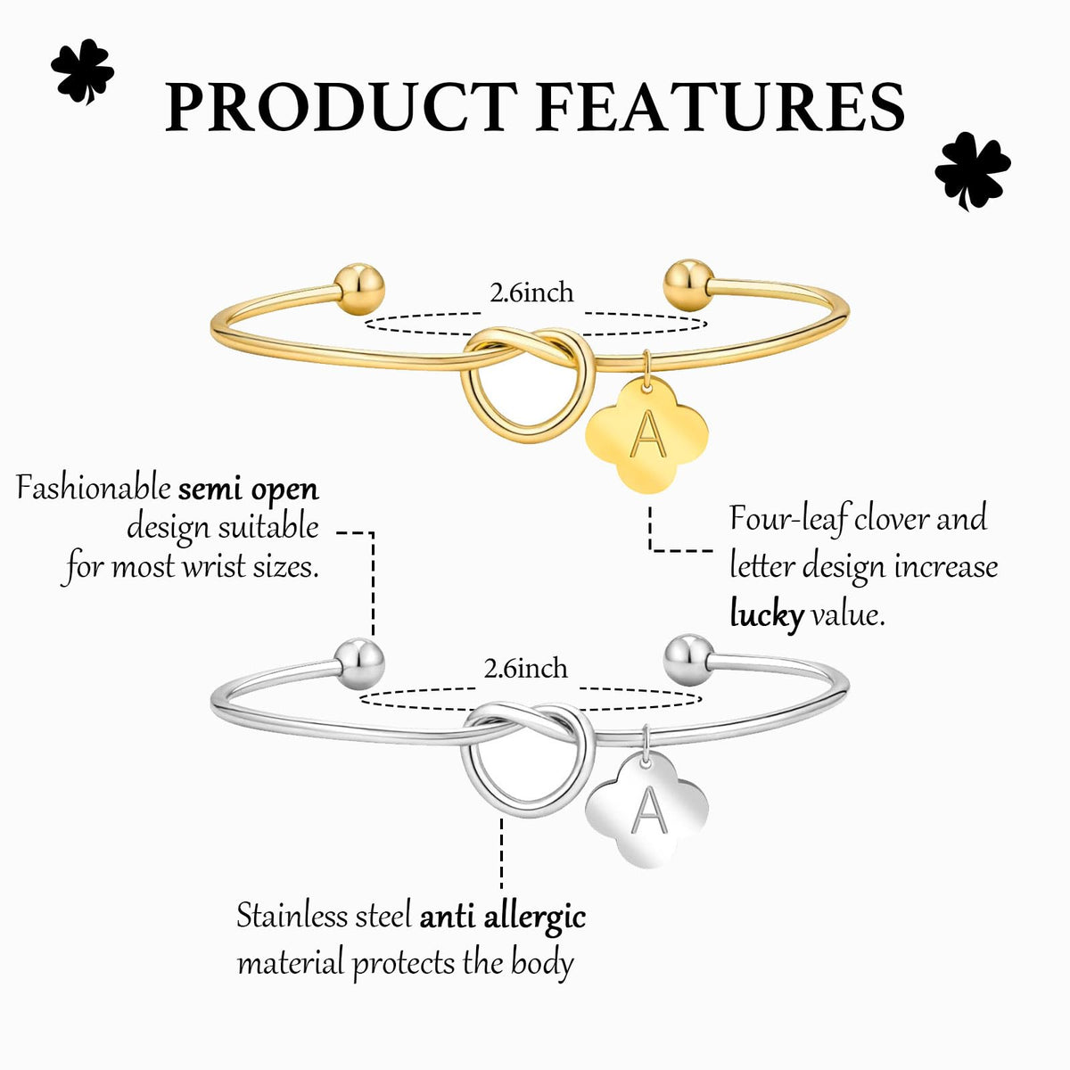 2Pcs Gold/Silver Initial Bracelets for Women Dainty Knot Letter A-Z Initial Bracelet for Women, Personalized Cuff Bangle Bracelet Jewelry Gifts for Women (S)