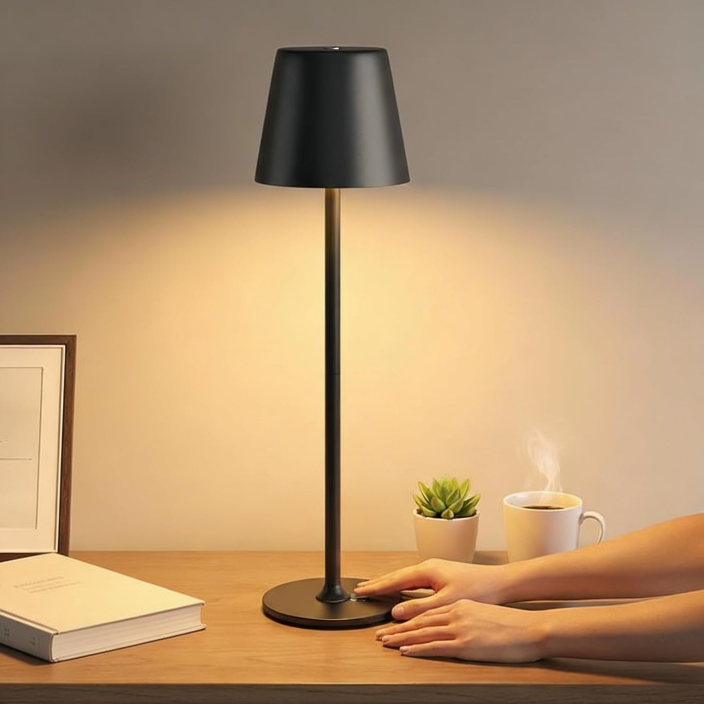 Holyask Cordless LED Table Lamp, Touch Dimmable Bedside Night Light, Rechargeable USB, Full Metal Body, Dual Battery, IP54 Waterproof – Black