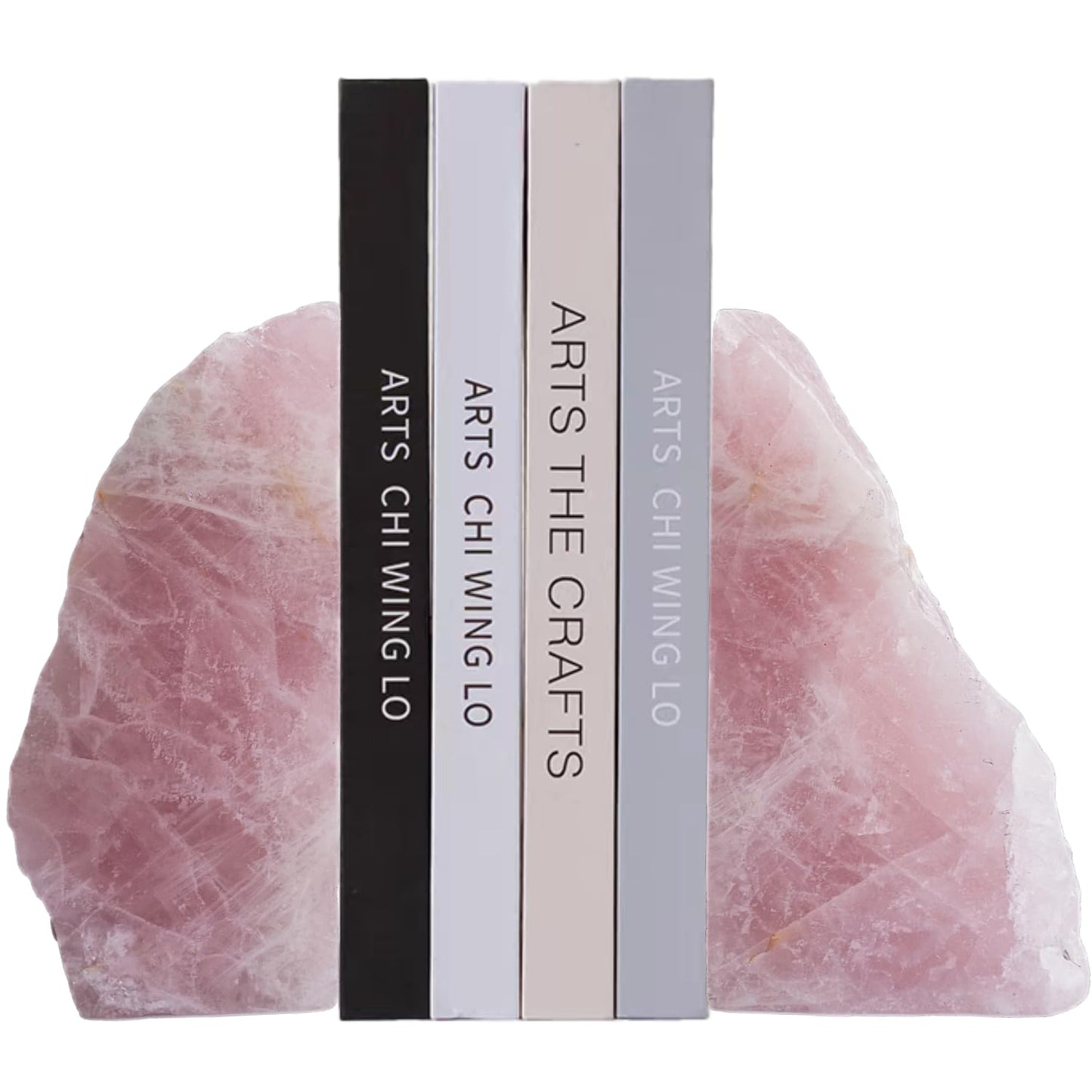 XMHOME Natural Rose Quartz Bookends with Rubber Feet 3-4Lbs Heavy Duty Non-Slip Pink Crystal Bookends | Raw & Polished Stone | Healing Office Decor Gift