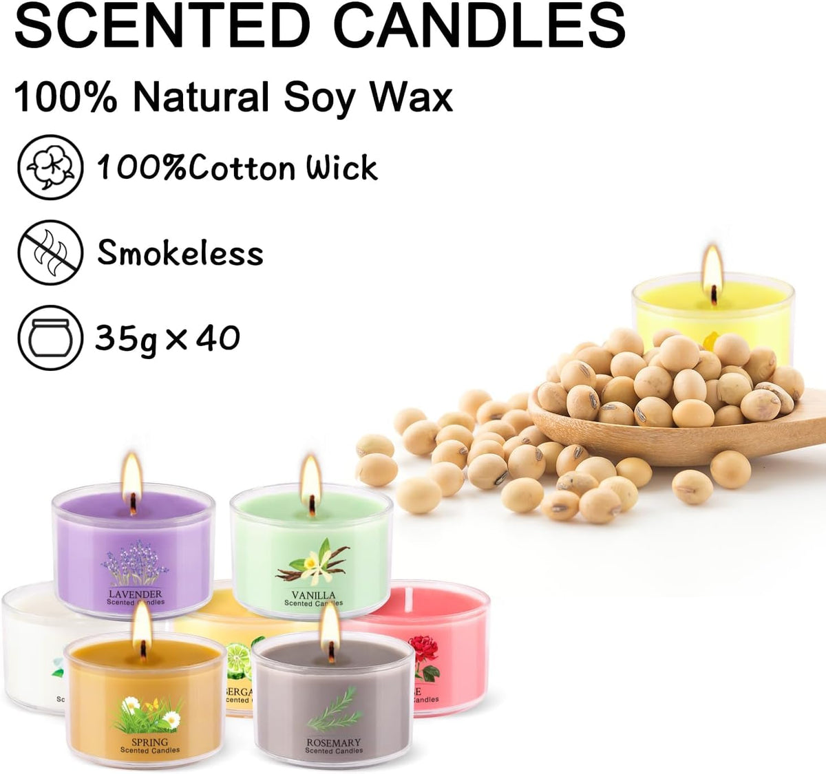 AYIQIW 40 Pack Scented Candle Set, 10 Fragrances, 35g Natural Soy Wax Candles with Smokeless Cotton Wicks, Ideal for Home Decor, Yoga, Meditation, Spa & Gifting.Mother's Day