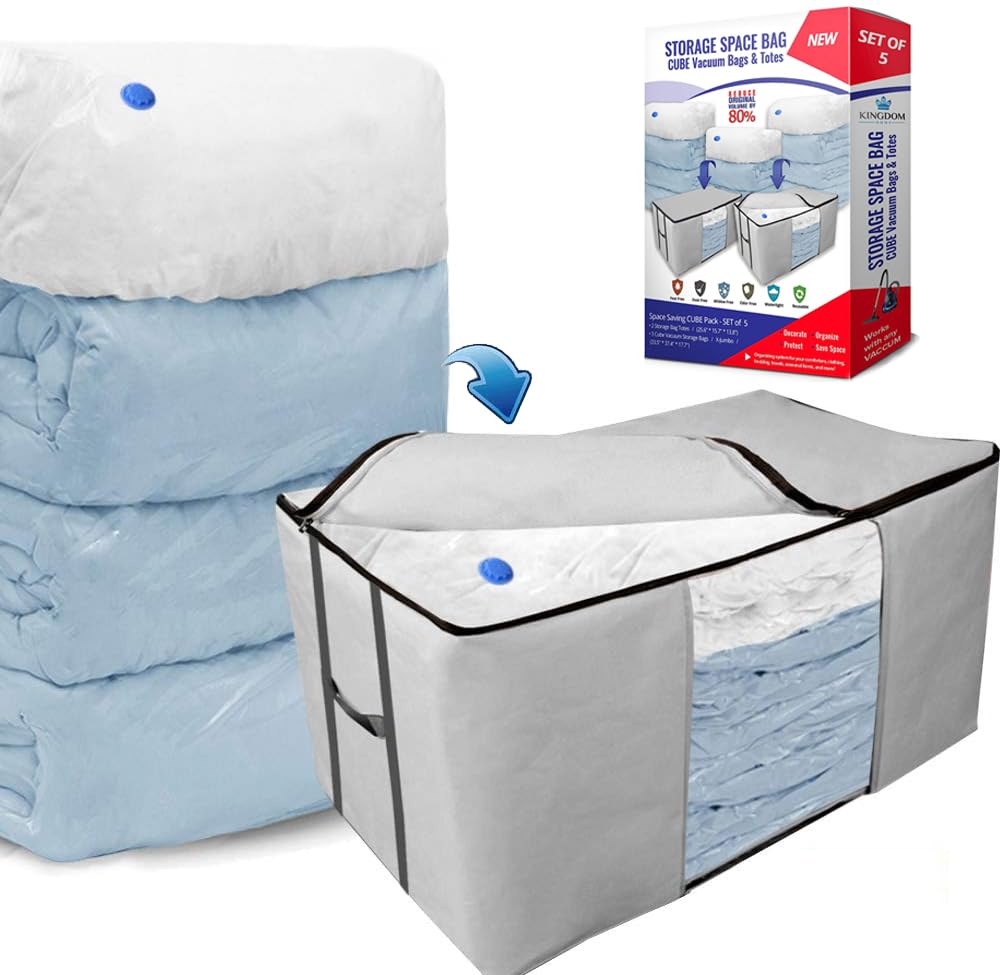 Cube Vacuum Storage Bags, Space Saver Bags, Premium Totes with Cubic Vacuum Compression Seal Bags for Clothing & Bedding. Space Saving Jumbo Organizer for Storing Clothes, Comforters,Blankets,Pillows+