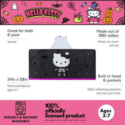 Sanrio Hello Kitty Skeleton Halloween Kids Super Soft Bath/Pool/Beach Soft Cotton Terry Hooded Towel Wrap, 24 in x 50 in, (Officially Licensed Product) by Franco