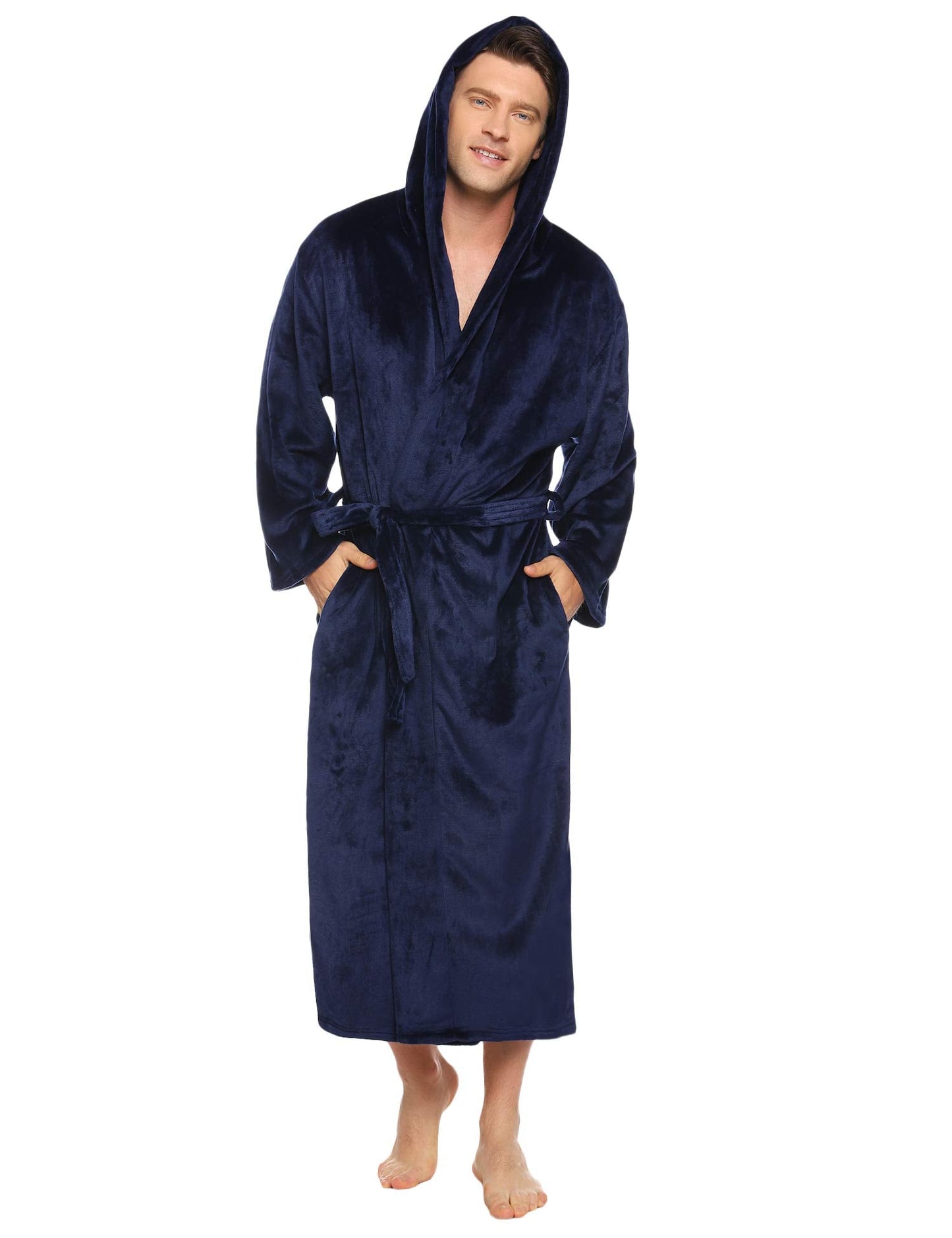 Vlazom Men Dressing Gown, Flannel Soft Bathrobe Cosy Warm Robes Fluffy Hooded Housecoat forWinter Loungewear, A-navy, XXL