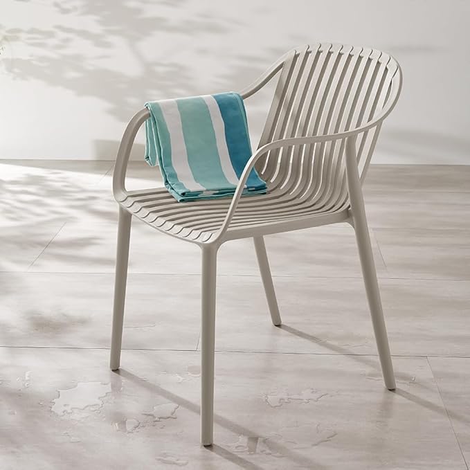 Modern Stackable Outdoor & Indoor Plastic Dining Chairs Set, Outdoor Breathable Armchairs Set, Weather-Resistant, Ideal for Patios, Cafes, and Home Use, No Assembly, Set of 4 (Grey)