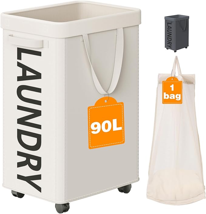 Laundry Basket with Wheels, 90L Rolling Laundry Hamper with Wheels, Large