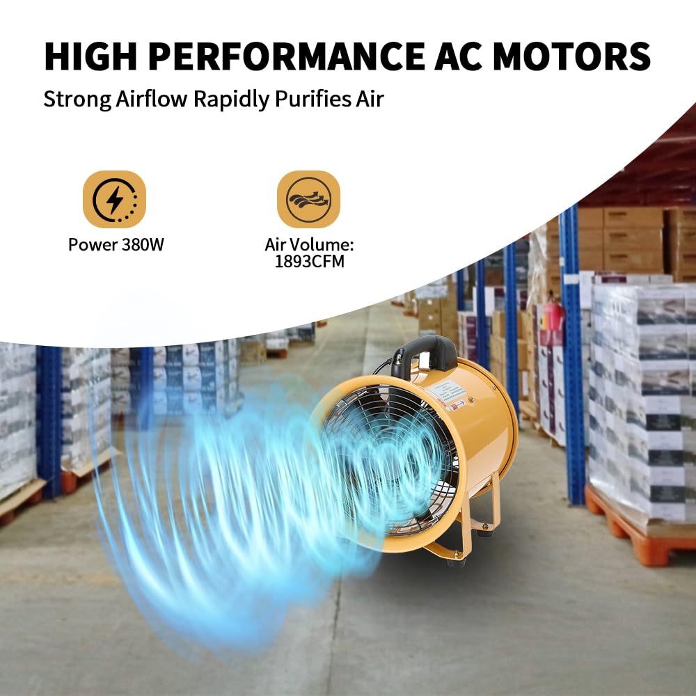 ONNAO 10 Inch Utility Blower Fan 3300RPM Ventilator 2580m3/h High Velocity Portable Industrial Extractor With 25 ft Flexible Duct Hose