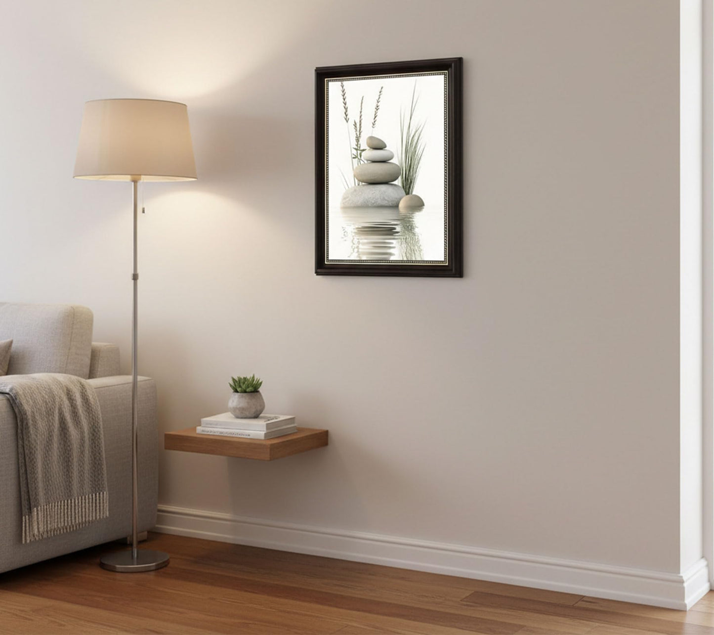 Dark Brown Framed Zen Stone Canvas Wall Art, Stacked Stones in Water Poster Print Artwork, Black White Bathroom Painting Picture Wall Decor, for Spa, Yoga, Meditation Room, Home Decoration, 12x16in