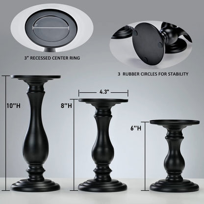 Matte Black Pillar Candle Holders Set of 3-10", 8", 6”H Candlestick Candle Holder Stand, Mother's Day Home Decor Gift for Fireplace/Table Centerpiece/Rustic/Farmhouse