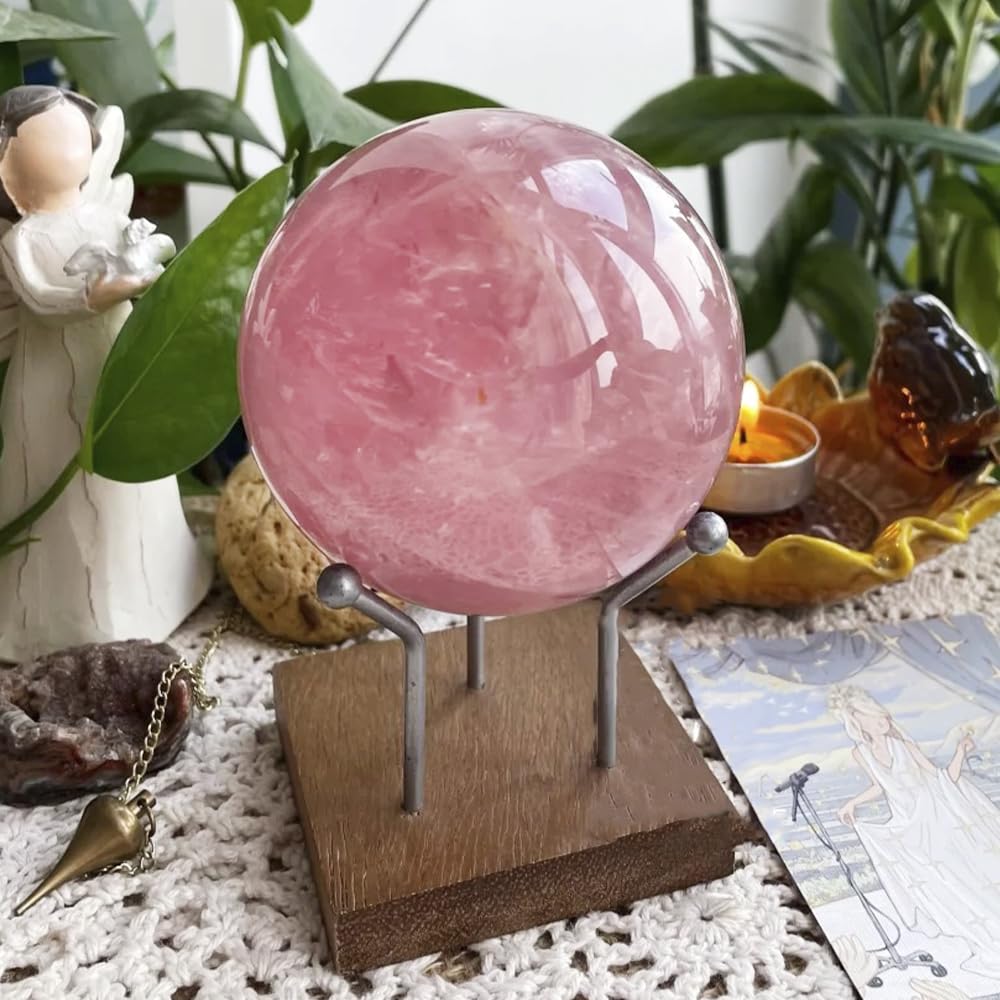 1.97-2.36inch/5-6cm Natural Rose Quartz Crystal Ball with Stand, Polished Pink Quartz Divination Sphere, Reiki Healing Gemstone Ball, Home Desktop Decorative Ornament, Crystal Craft Gift