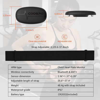 COOSPO H6 Heart Rate Monitor Chest Strap,Bluetooth ANT+ HRM,for Running Cycling Gym Sports