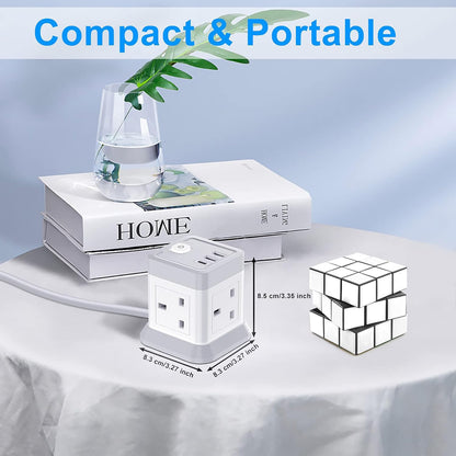 Extension Lead Cube with USB, BEVA 4 Way Power Strip with 3 USB Ports, Desktop Power Extension Socket with 1.5M Extension Cable Cords for Home Dorm Office Travel-WHITE