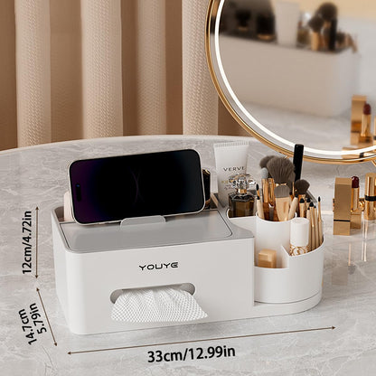 Aiabaleaft Multifunctional Organizer Rotating Brush Holder Makeup Organizer With Tissue Box for Study Table Living Room Dressers Home Office (Gray)