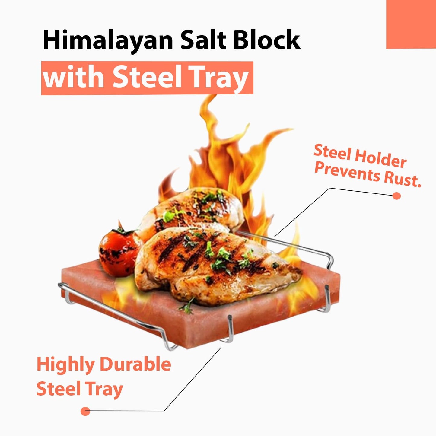 ZK Himalayan Salt Cooking Block 8"x8"x1” Plate with Steel Tray Holder- Food Grade Rock Salt for Grilling, Cutting, and Serving, Salt Slab a Unique Gift for Men, Women, Chefs & Cooks