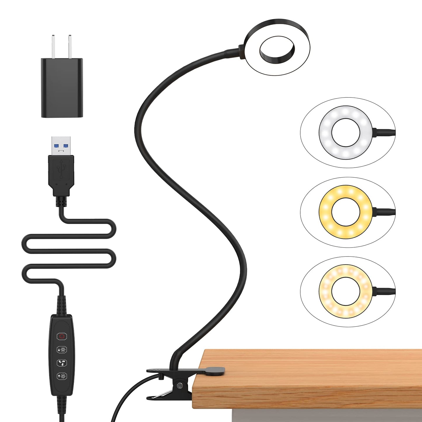 iZELL Desk Lamp, [3 Color Modes & 10 Brightness] LED Reading Light with Clamp, Flexible Gooseneck Book Light for Kids Reading Book in Bed at Night Clip on Table, Headboard, Dorm - 15.8‘’ Black