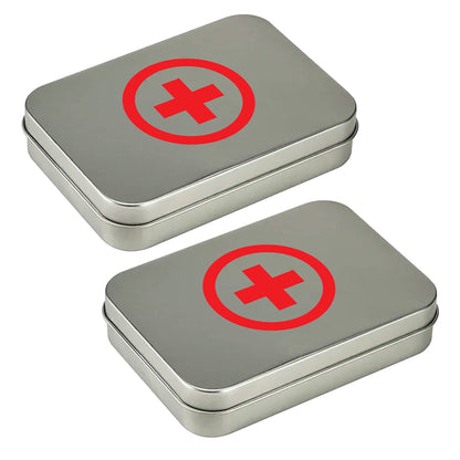 Compact First Aid Kit Mini Tin Box (2 Sets) - Small Storage Container w/Hinged Lid for Bandages, Medicine Pills, Outdoor Survival Kit