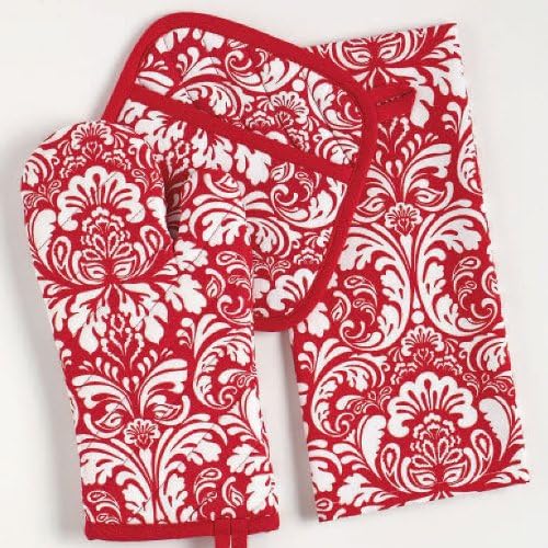 DII Cotton Dish Towel Set Damask Print, Tango Red
