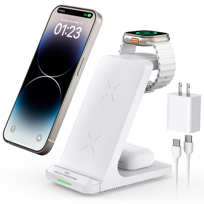 Wireless Charging Station, 3 in 1 Fast Wireless Charger Stand for Multiple Devices Apple Watch Ultra Series 11 10 9 8 7 6 SE 5 4 3 2, iPhone 17 16 15 14 13 12 11 Pro Max/Plus/Air/X/XS/XR/SE, Airpods