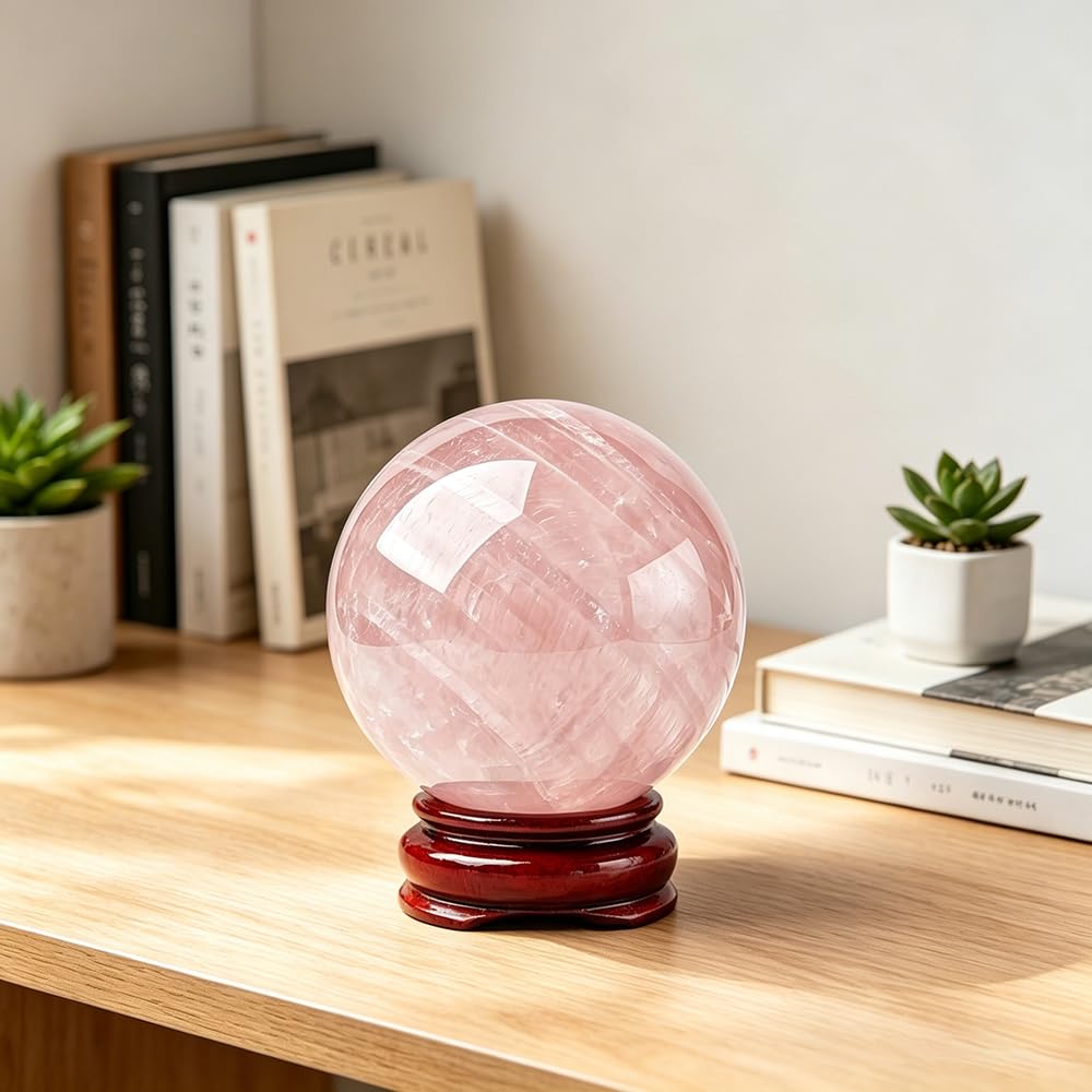 1.97-2.36inch/5-6cm Natural Rose Quartz Crystal Ball with Stand, Polished Pink Quartz Divination Sphere, Reiki Healing Gemstone Ball, Home Desktop Decorative Ornament, Crystal Craft Gift