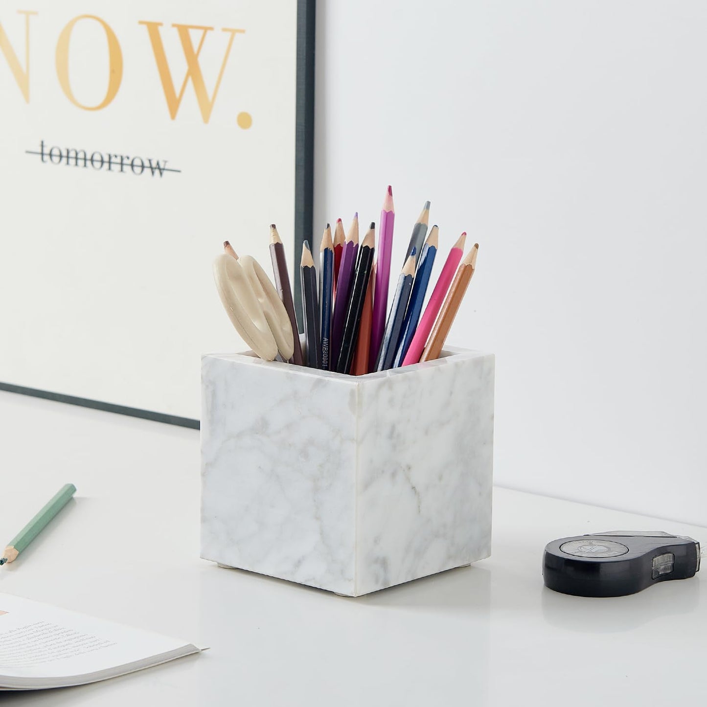 Real Luxurious Natural Marble Toothbrush Holder & Makeup Brush Organizer & Pen Holder for Desk,3.93inch Square Marble Utensil Holder Non-Ceramic/Non-Resin （White）
