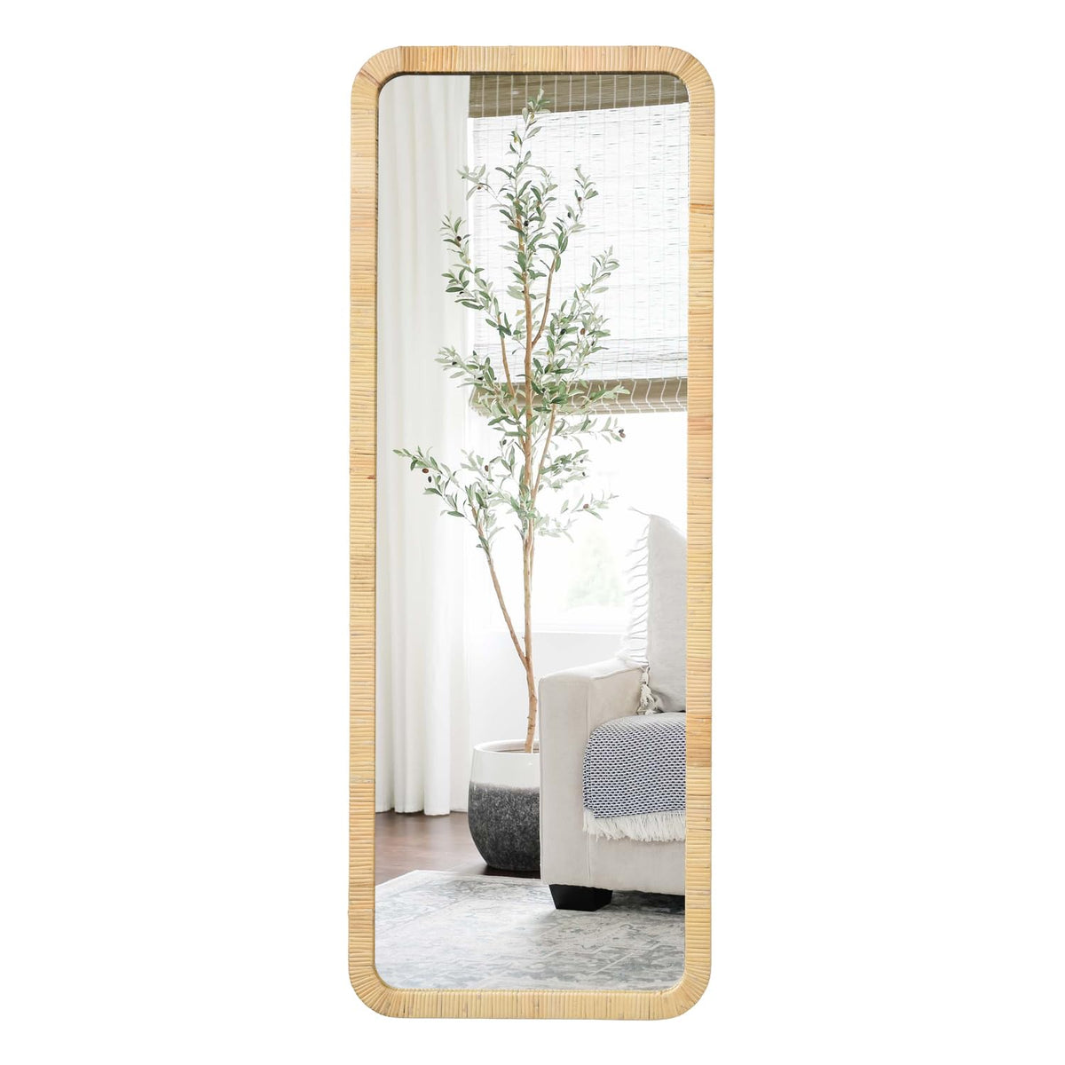 Gumcoly Rattan Mirror 18"x48" Rectangle Long Full Length Mirror Farmhouse Wicker Wooden Framed Full Body Floor Mirror Lean Against Wall for Bathroom Entryway Living Room Bedroom Fireplace Nature