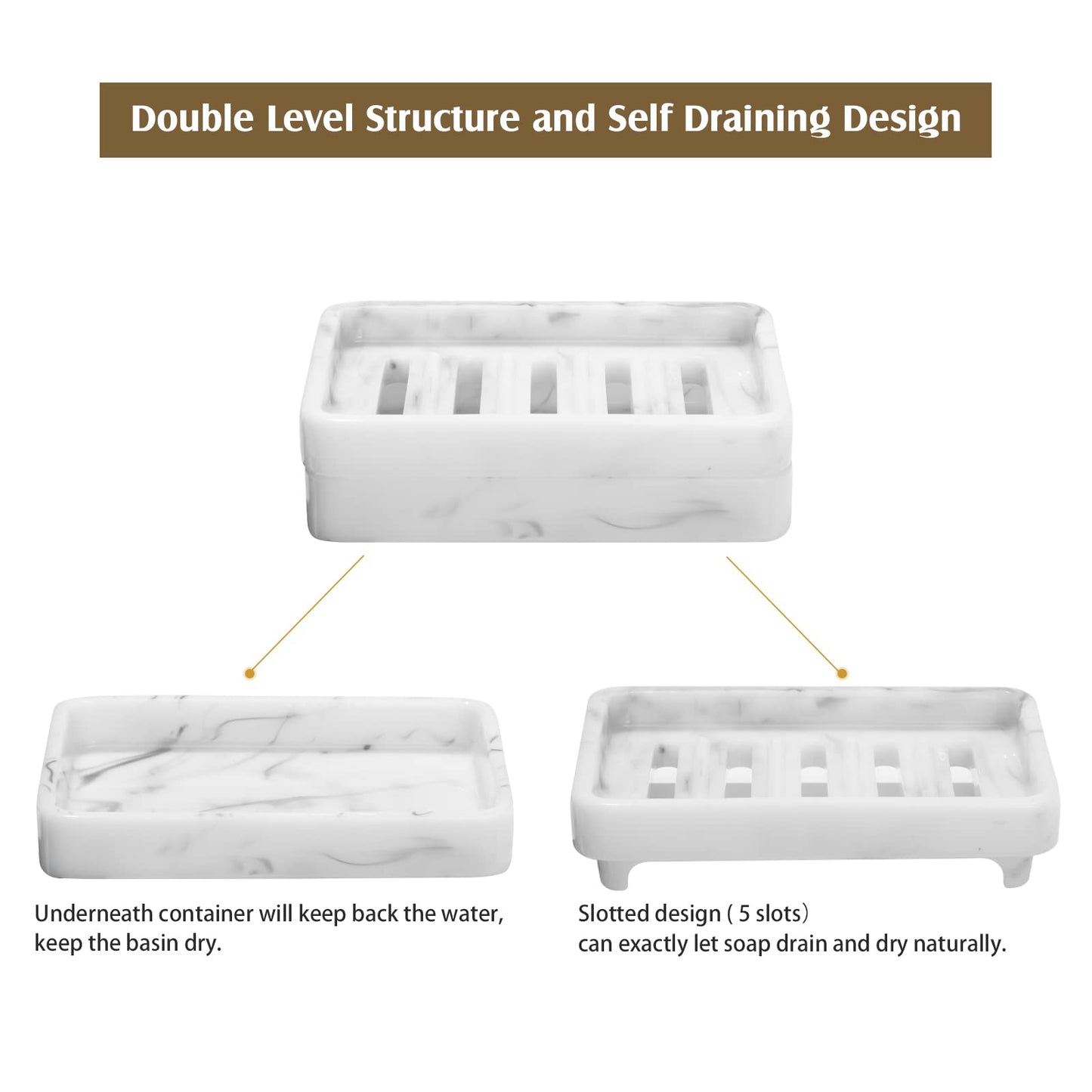 Shinowa Resin Soap Dish, Self-Draining Bar Soap Tray with Drainable Board, Dual Layer Sponge Holder for Bathroom Kitchen Shower Bathtub Sink Counter-top, Marble White