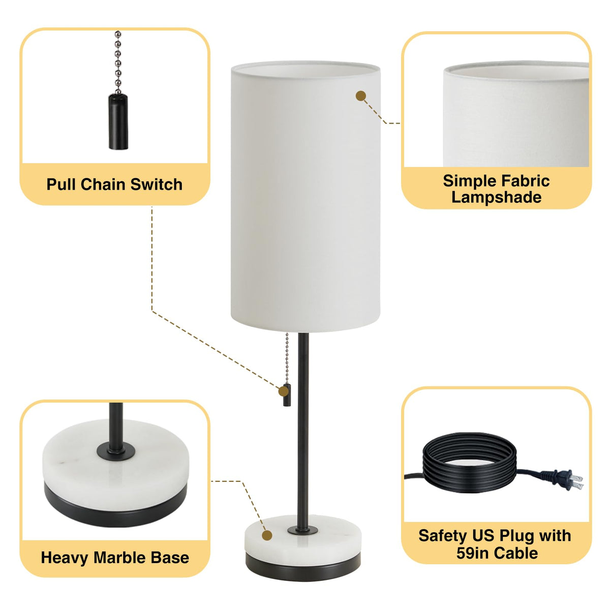Luvkczc 18" Minimalist Table Lamp Set of 2, Nightstand Lamp for Bedroom Living Room, Modern Pull Chain Bedside Lamp with Marble Base, Fabric Shade, Small Desk Lamp for Home, Office, Reading