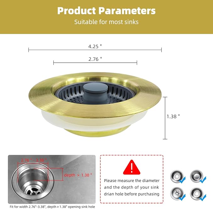 Hibbent 2 Pack Upgraded 3 in 1 Kitchen Sink Drain Strainer and Stopper Combo